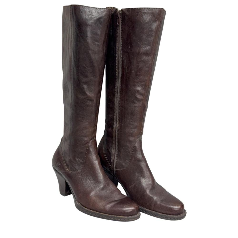 Børn Boots Womens Size 7 Brown Leather Knee High Riding Side Zip Cone Heel W6424